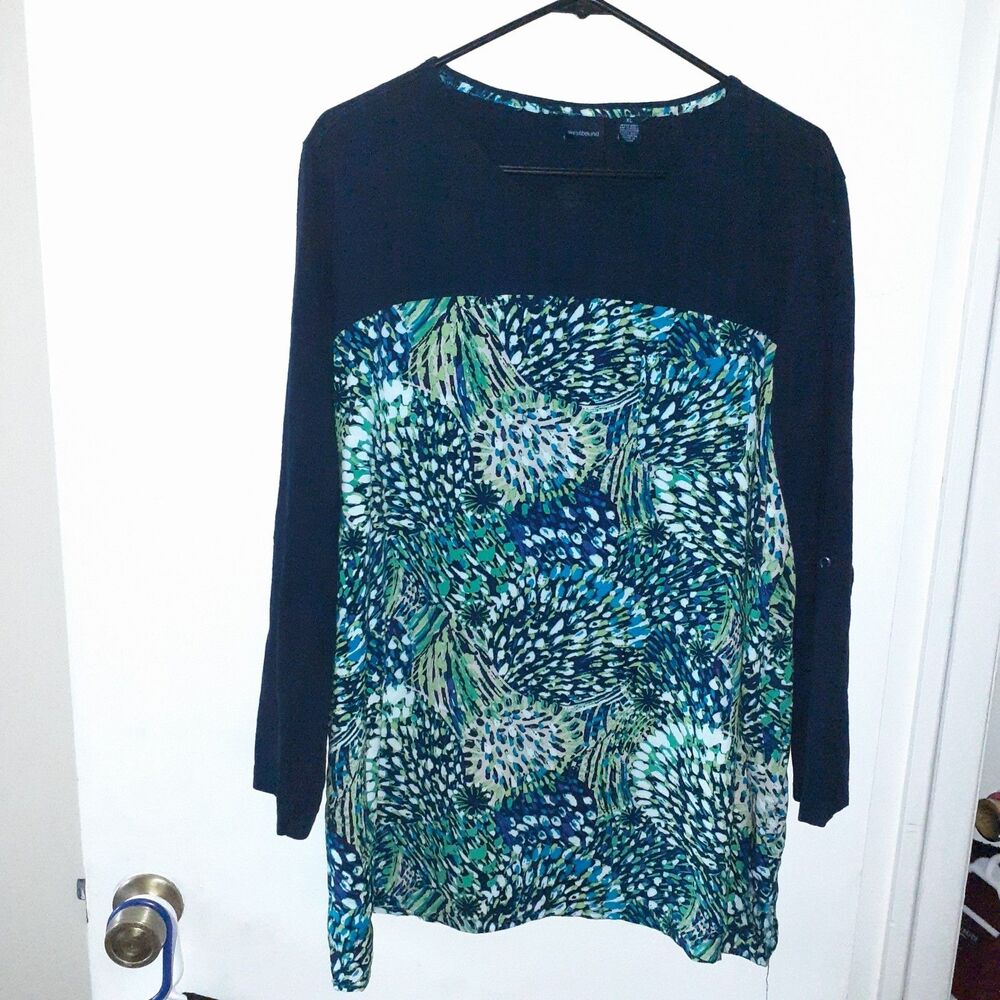 Westbound Tunic Top shirt women's XL Navy Cotton Rayon Green Blue Print